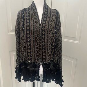 ZARA Woman M Beaded Fringe Black Open Front Jacket‎ Boho Baggy Gypsy Festival